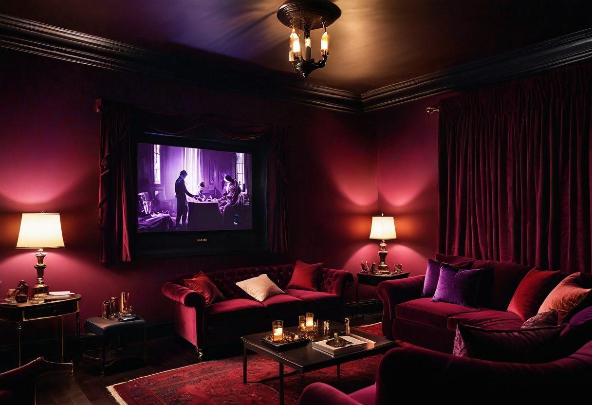 A mysterious, dimly-lit room filled with luxurious velvet furnishings, showcasing a vintage projector displaying sultry scenes from classic erotic short films. Subtle silhouettes of adults in playful poses can be seen in the background, while plush pillows and soft candlelight create an enticing atmosphere. The scene invites exploration and intrigue into the world of adult entertainment. super-realistic. warm colors. cinematic lighting.