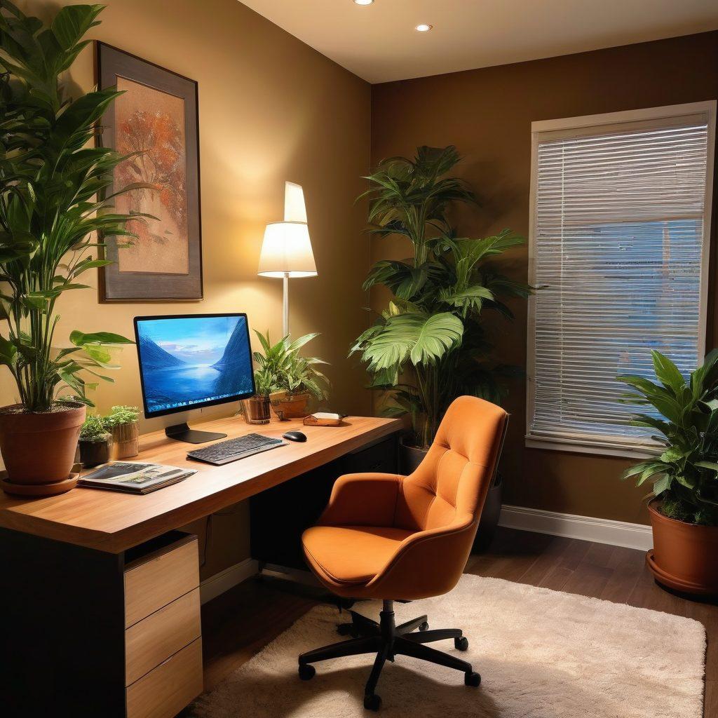 A stylish modern workspace with a high-end laptop displaying an adult film streaming service, surrounded by tasteful decor like potted plants and a comfortable chair. The scene is inviting yet discreet, conveying an air of sophistication and privacy. Soft lighting enhances the atmosphere, inviting exploration and curiosity. super-realistic. warm colors. cozy aesthetic.