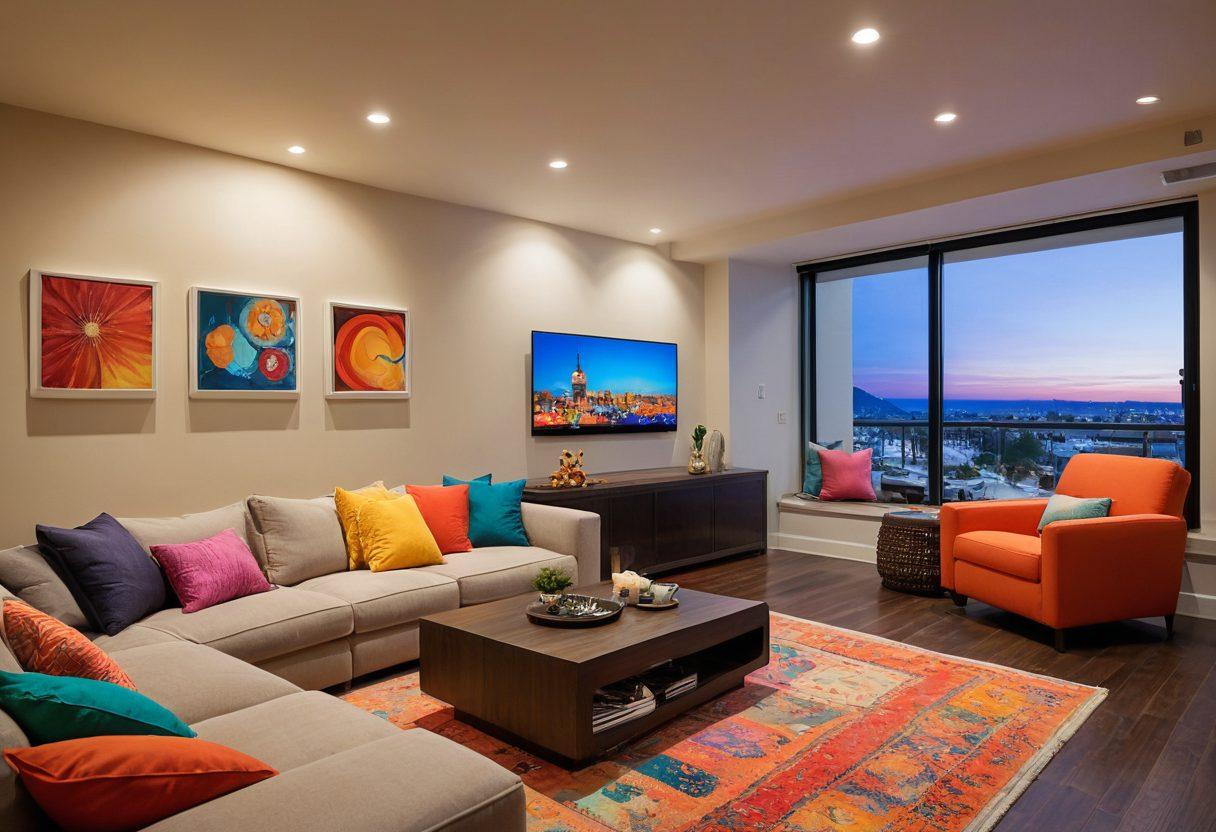 A cozy, contemporary living room setting with a large TV displaying vibrant streaming service logos. Soft lighting with plush couches and popcorn bowls scattered around. Include a stylish sound system setup and a table with various streaming devices like a remote and a tablet. A playful cat lounging nearby adds warmth to the scene. super-realistic. vibrant colors.